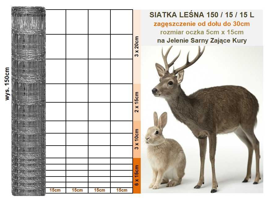 Siatka Leśna  150/15/15 L ogrodzeniowa hodowlana wysokość 150cm x 50mb