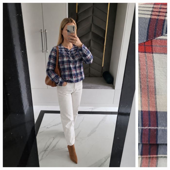 Bluzka M 38 w kratkę jedwab bawełna koszula boho guzik