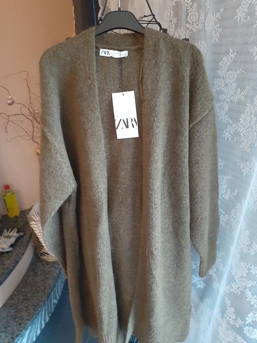 Kardigan Zara oversize  długi sweter zielony khaki sweterek zima tkmaxx kolekcja jesień butelkowa  długi sweter