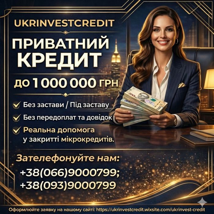 Кредит готівкою, без застави, без відмов, гроші в борг до 1000 000 грн