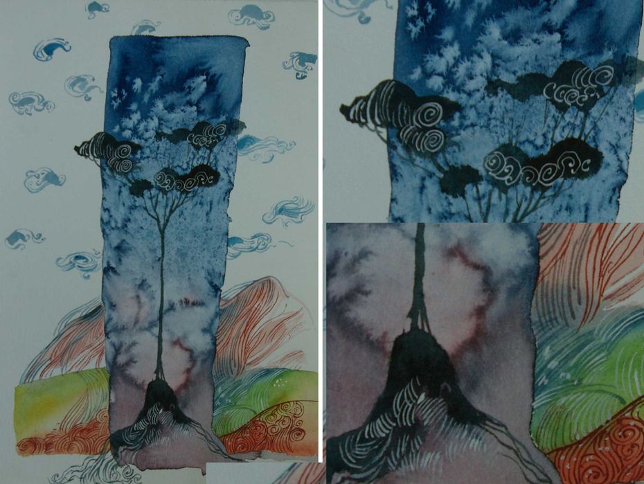 Aguarela original de Carlos Marques. Fantasia, surreal, natureza