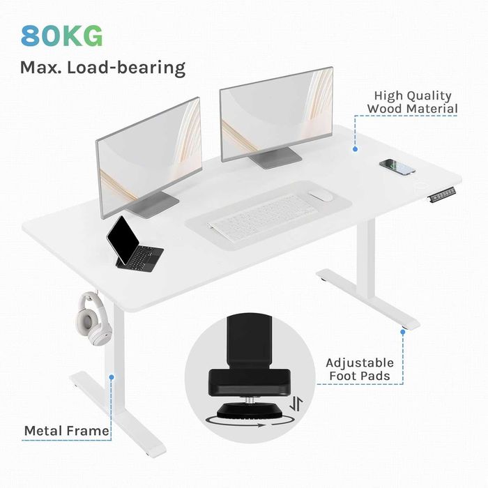 Duże Białe Biurko Elektryczne WOLTU TS194ws04 160x75 Pamięć USB FVAT