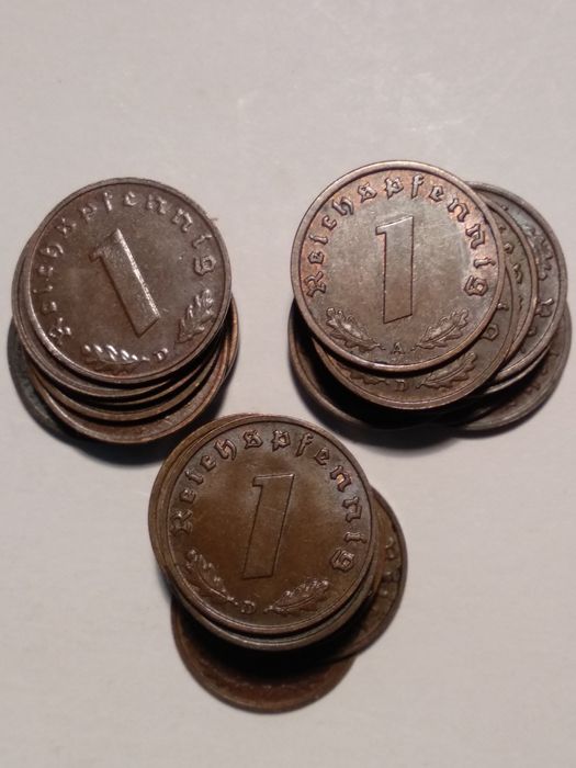 Moedas 1 Reichspfennig 1937, 1938 e 1939 em Cobre Alemanha c/ suástica