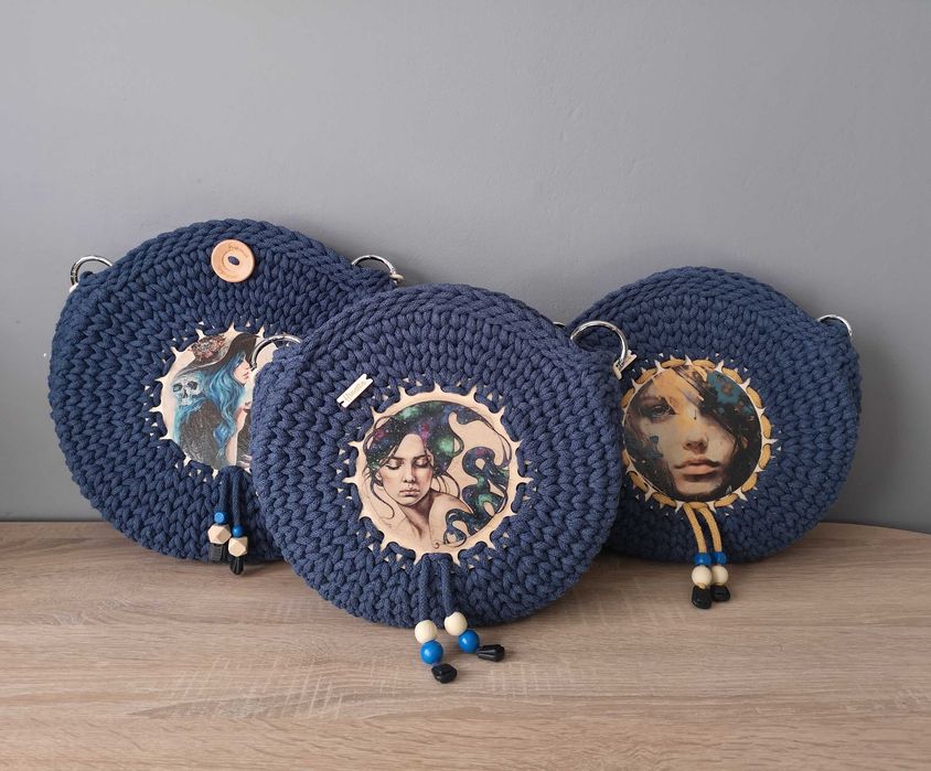 Torebka sznurkowa, ze sznurka – okrągła granatowa – kobieta