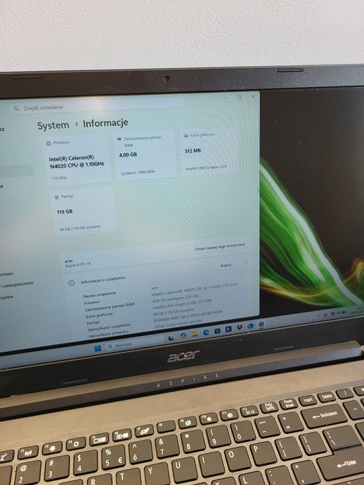Szybki laptop Acer Aspire 3 4/128GB SSD Windows 11