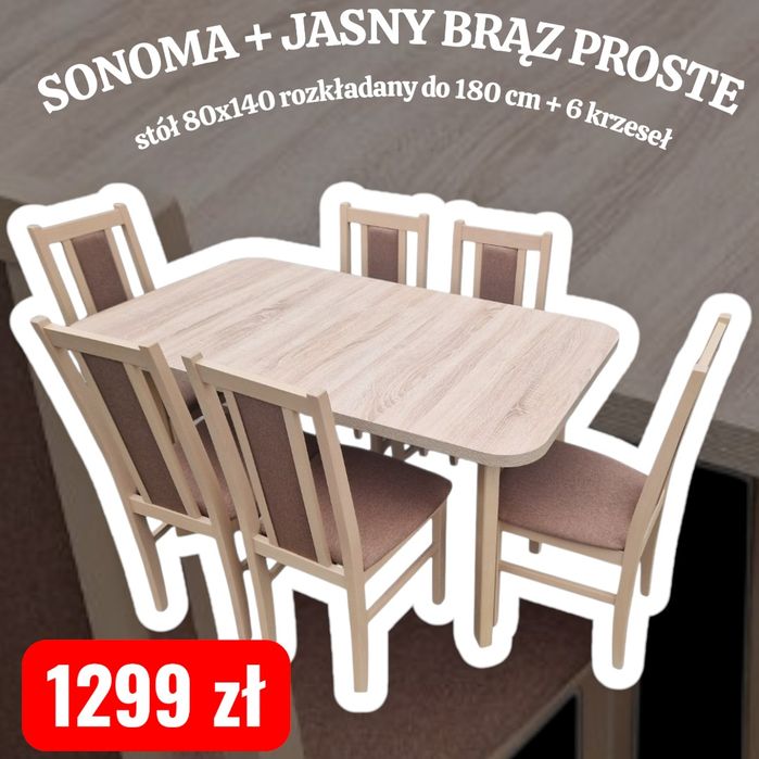 Nowe: Stół 80x140/180 + 6 krzeseł, 48 kolorów od ręki,  dostawa cała P