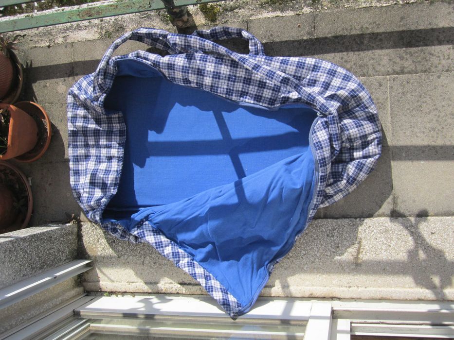 Alcofa vintage alças, Xadrex Azul e Branco, algodão acolchoado anos 70