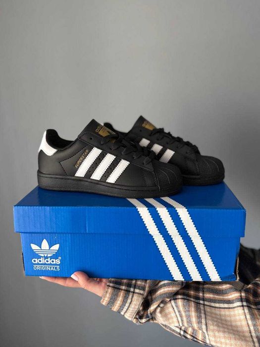 Кросівки Adidas Superstar Black White | кеди Адідас Суперстар чорного кольору шкіряні