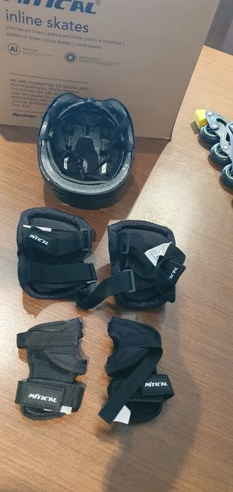 Patins em linha 35-38 + capacete+proteção braços e pernas