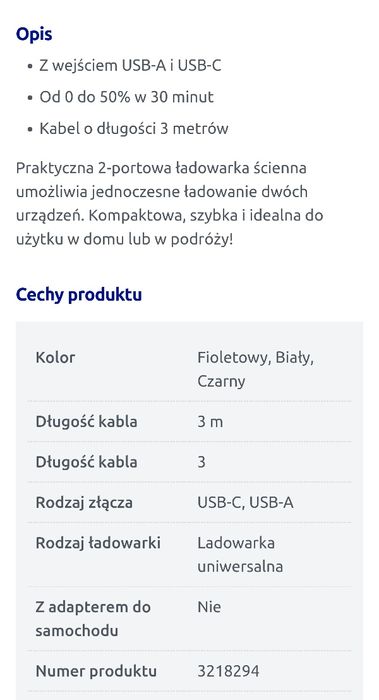Ładowarka 2 X USB z kablem 3 metry.2 X 20W.