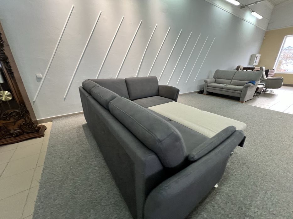 Кутовий розкладний диван темно сірий тканина з нішею