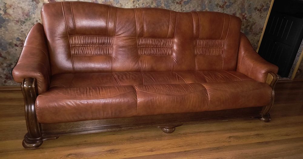 SKÓRZANY zestaw wypoczynkowy -Kanapa, Fotel, Pufa