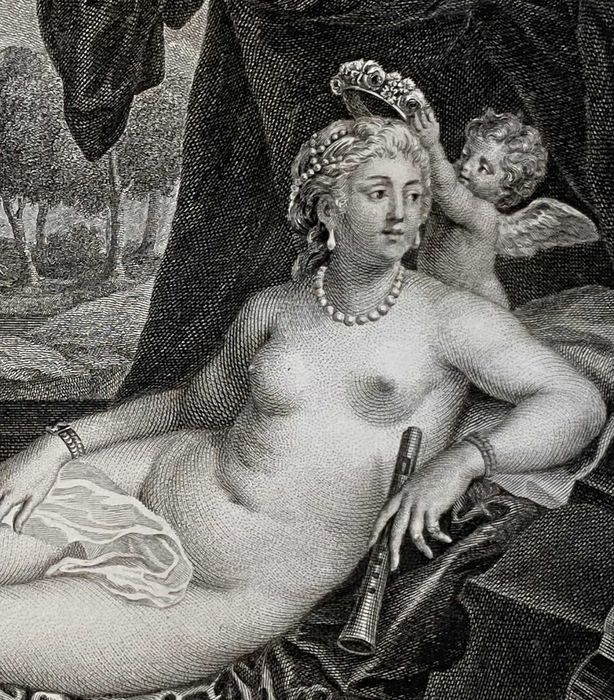 Antyczna grafika, miedzioryt, XVIII wiek, wg Tycjana