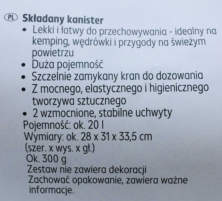 Składany kanister na wodę z kranem i uchwytem - 20 Litrów
