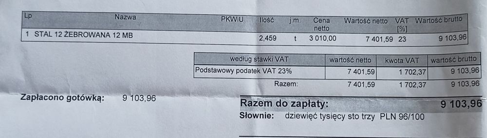 Drut żebrowany Fi 12 ilość 2,459T
