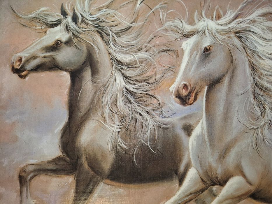 Quadro a Óleo Cavalos Brancos em Corrida Carlo Perini - Milano