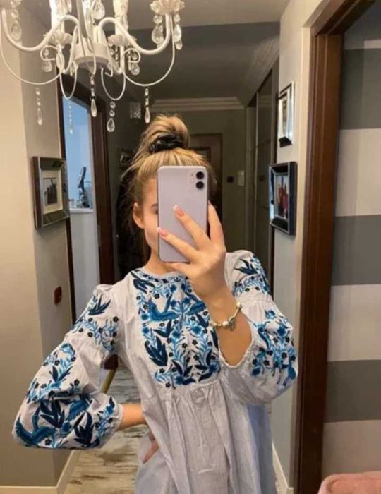Zara cudna błękitna sukienka tunika haftowana Boho hippie M