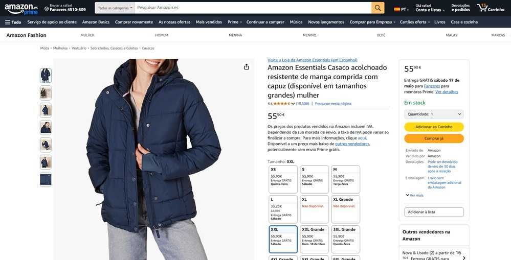 Amazon Essentials Casaco acolchoado Tam XXL
