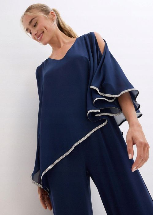 B.P.C kombinezon granatowy z warstwą szyfonową ze sztrasami ^40/42