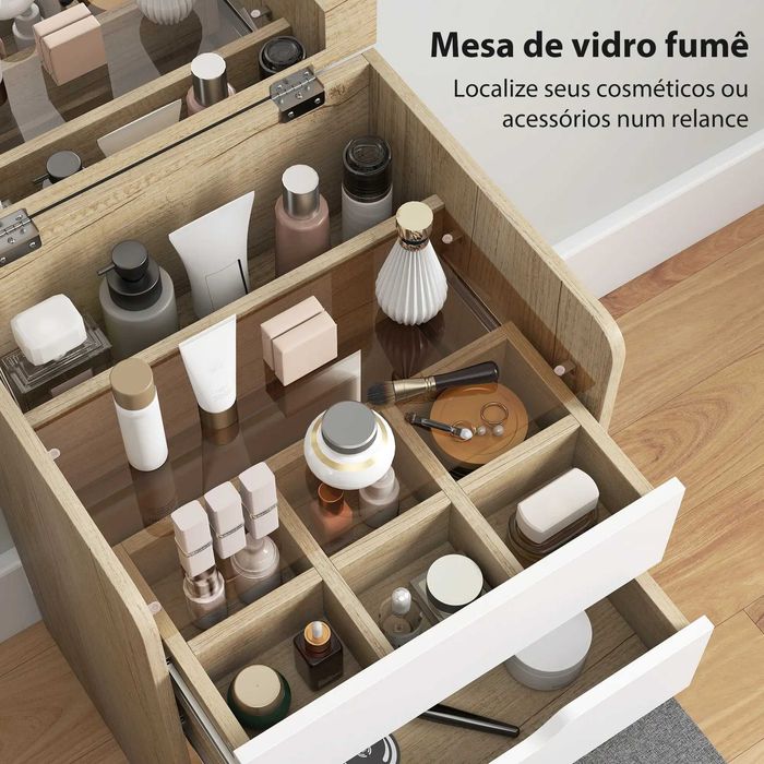 Toucador de Maquilhagem Mesa de cabeceira Espelho 3 Gavetas e Banco