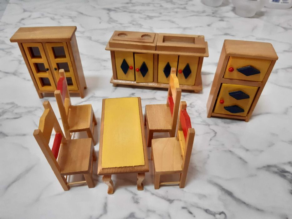 Mobília de sala miniatura madeira, 8 peças, vintage, NOVA