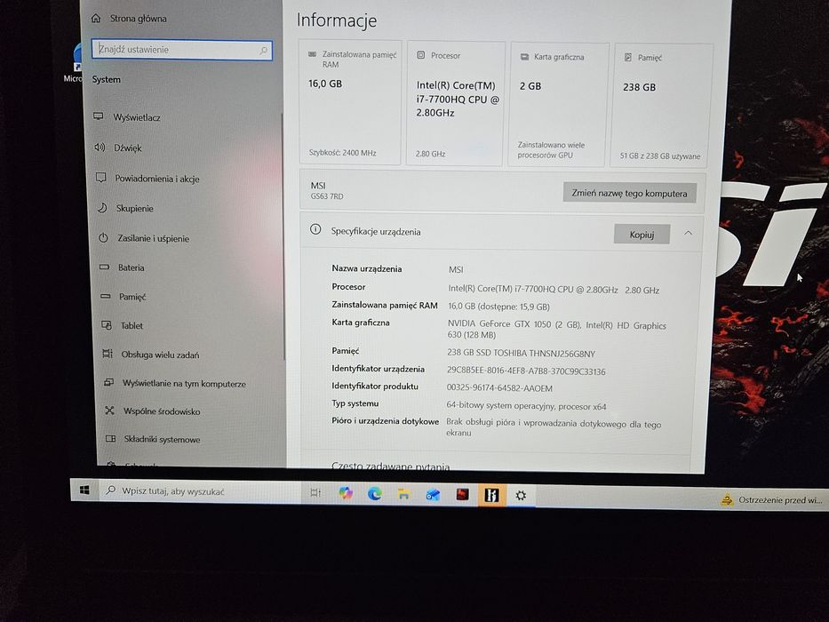 MSI GS63 7RD Stealth – Lekki laptop gamingowy (GTX 1050 / i7 / 16GB / SSD)