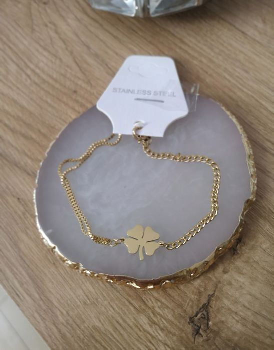 Nowa bransoletka złota podwójna celebrytka z czterolistna koniczyna