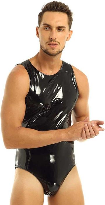 Еротичний спокусливий чорний вініловий чоловічий комбідрес, XL