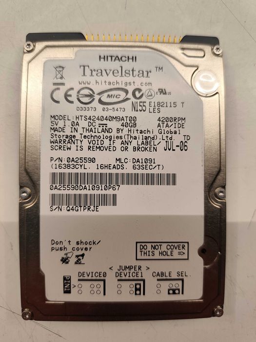 HDD Disco Rígido 2.5'' Hitachi 40Gb IDE ATA