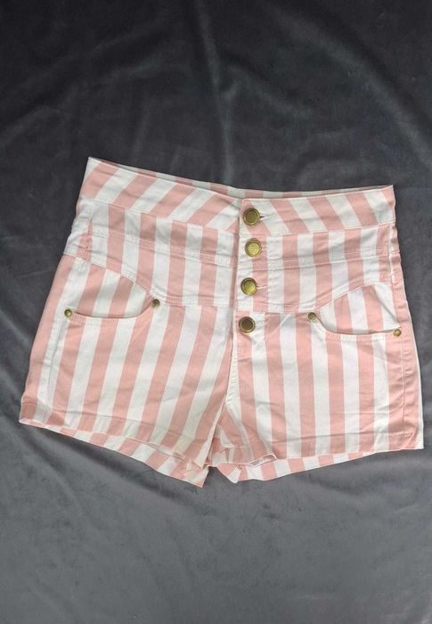 Szorty spodenki wysoki stan paski pink white retro vintage aesthetic high waist lato boho pins up 38