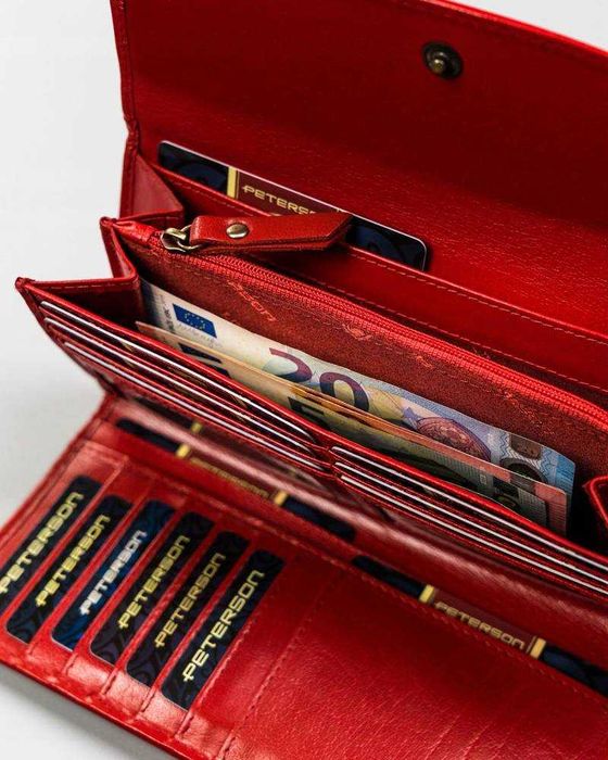 Portfel Damski PETERSON Duży SKÓRZANY Klasyczny Poziomy Elegancki RED