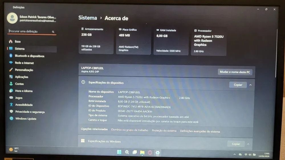 Acer Aspire 3 15 A315-24P | Ryzen 5 7520U | 8GB | SSD 256GB | Como Novo