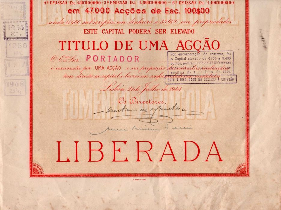 Título de 1 Acçaõ da Sociedade d´Agricultura Colonial (1944)