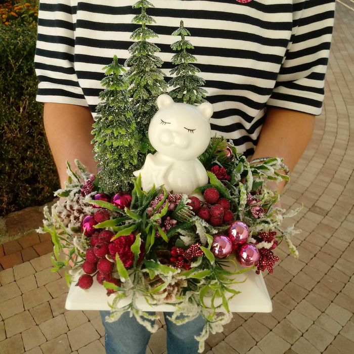 Świąteczny stroik z ceramicznym misiem, dekoracja na grób, mały stroik