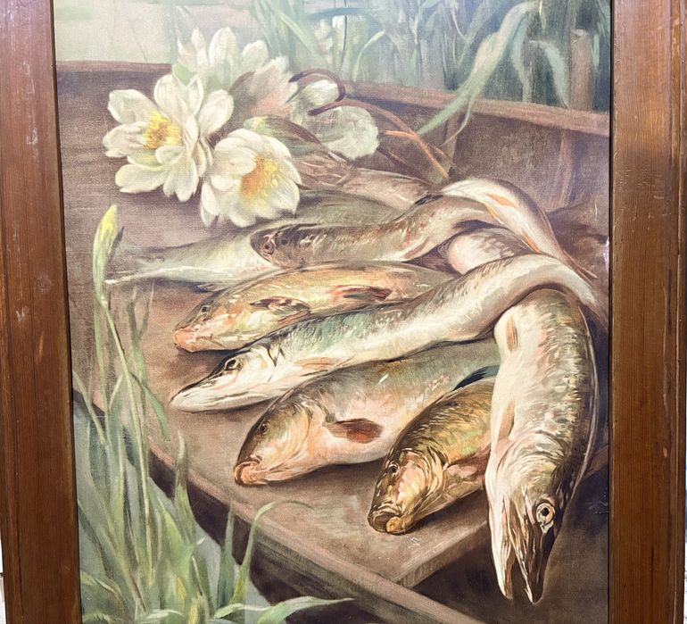Grande antigo quadro com litografia sobre cartão motivo peixes / pesca