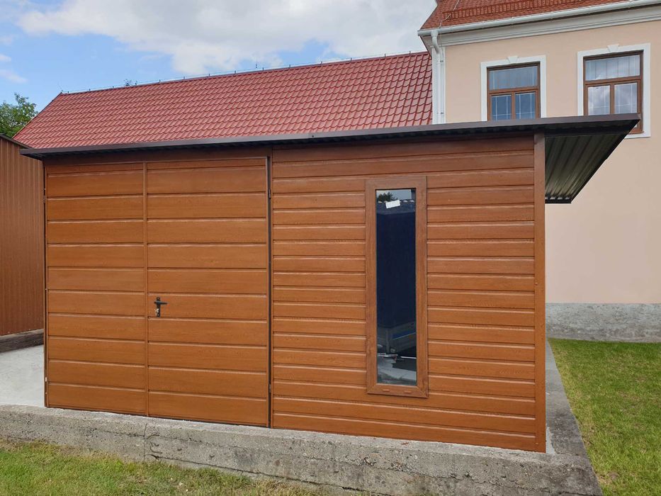 Domek ogrodowy 4x3m- złoty dąb ciemny + zadaszenie + okno premium