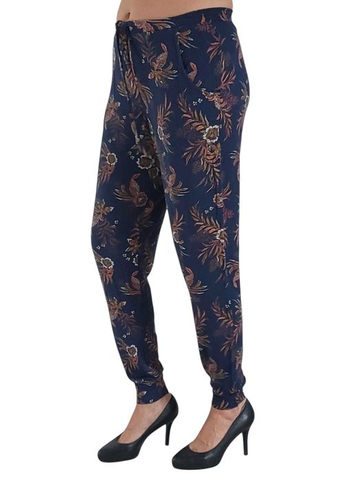 Granatowe spodnie z wiskozy w brązowe kwiaty, R. S/M/L