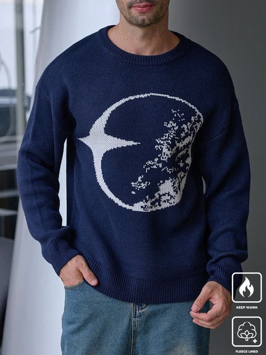 Sweter męski oversize granatowy z okrągłym dekoltem ciepły SHEIN S