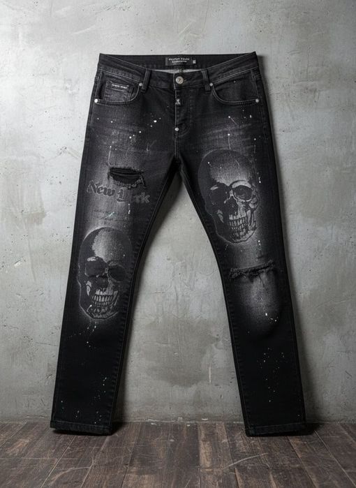 jeansy Philipp Plein, denim z nadrukiem i przetarciami