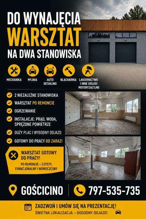 Warsztat samochodowy Mechanika Auto Detailing Wulkanizacja 2 Stanowiska Wynajem