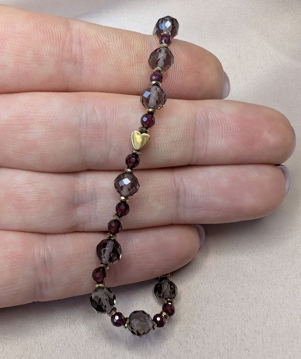 Bransoletka różaniec kamienie kwarc dymny krzyżyk serduszko prezent