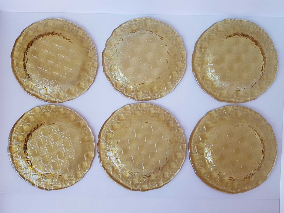 6x talerzyk Kratka / Plecionka, talerzyki Ząbkowice szkło PRL kolekcje