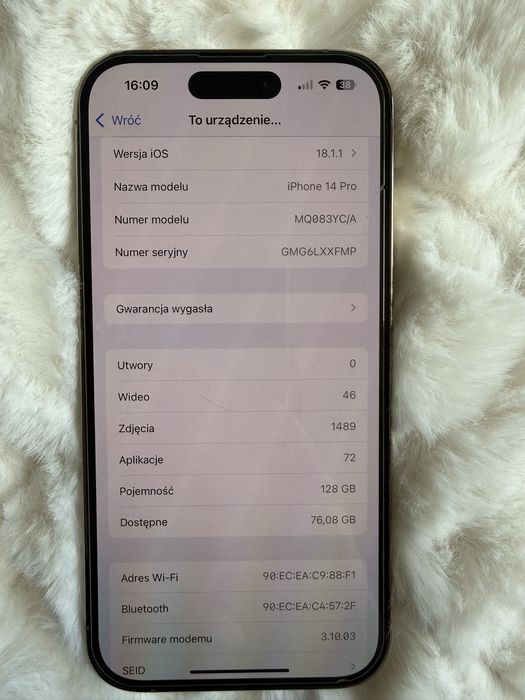 iPhone 14 Pro 128gb 87%kondycji baterii iOS 18.1.1