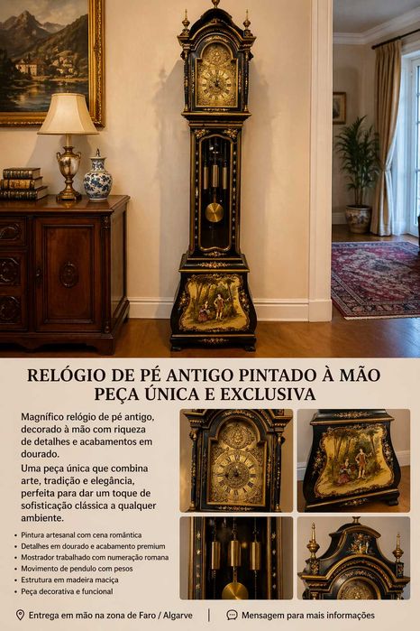 Relógio de Pé Antigo com Pêndulo | Pintado à Mão | Peça Clássica de Grande Presença