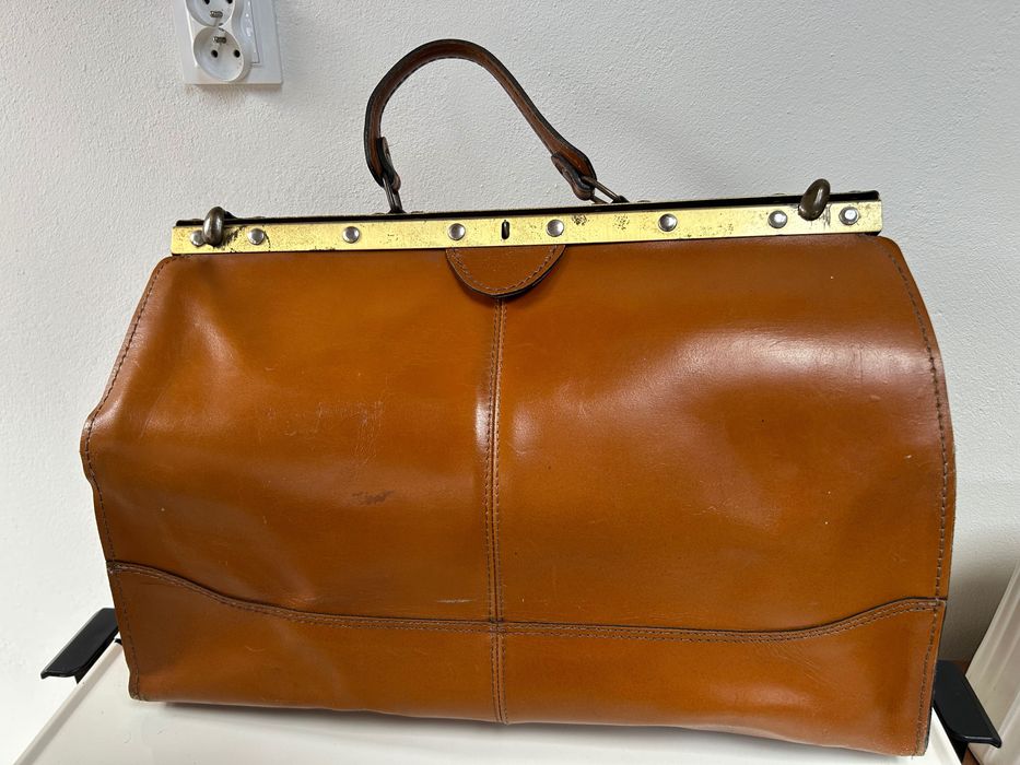 Duża skórzana torba lekarska vintage – stara biglówka, gruba skóra