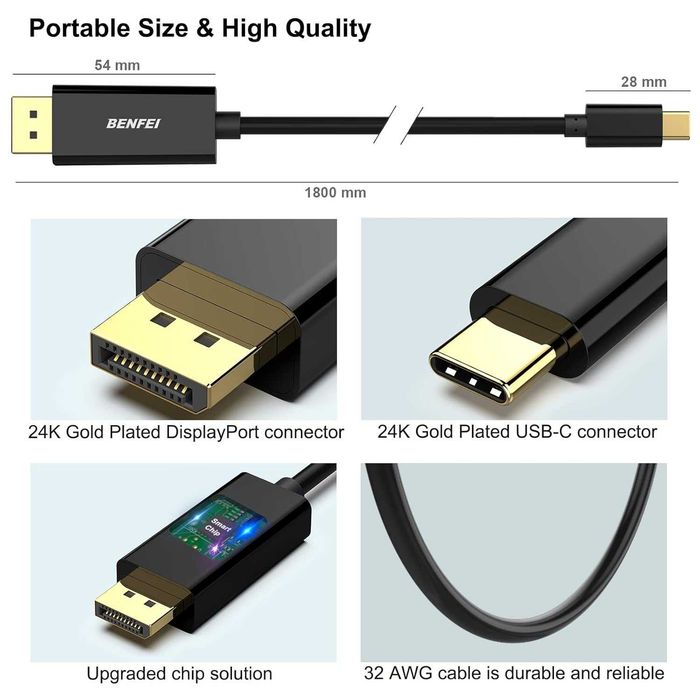 Kabel USB C na DisplayPort 1,8 m BENFEI  ( 8K przy 60 Hz 4K przy 144 Hz )