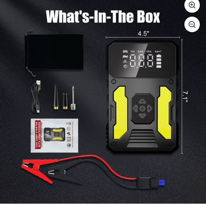 Przenośny starter samochodowy z kompresorem, model A22.