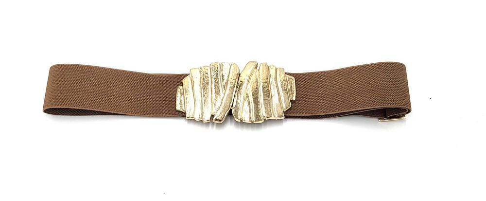 Pasek damski guma ELASTYCZNY  brązowy złota klamra