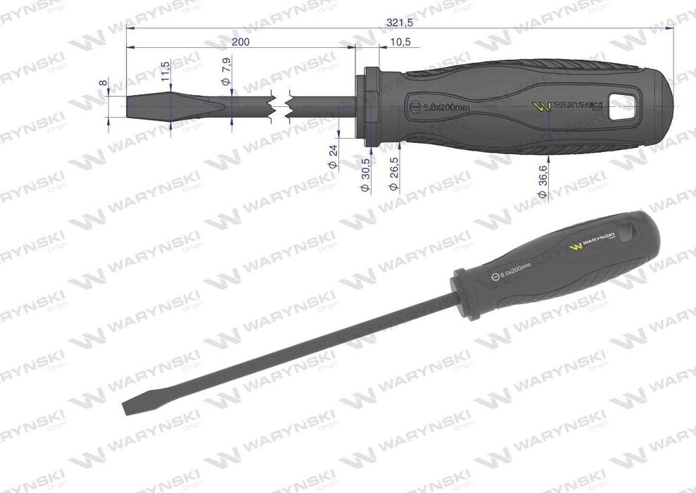 Wkrętak płaski 8 x200 mm. stal SVCM. Waryński Mocny Śrubokręt