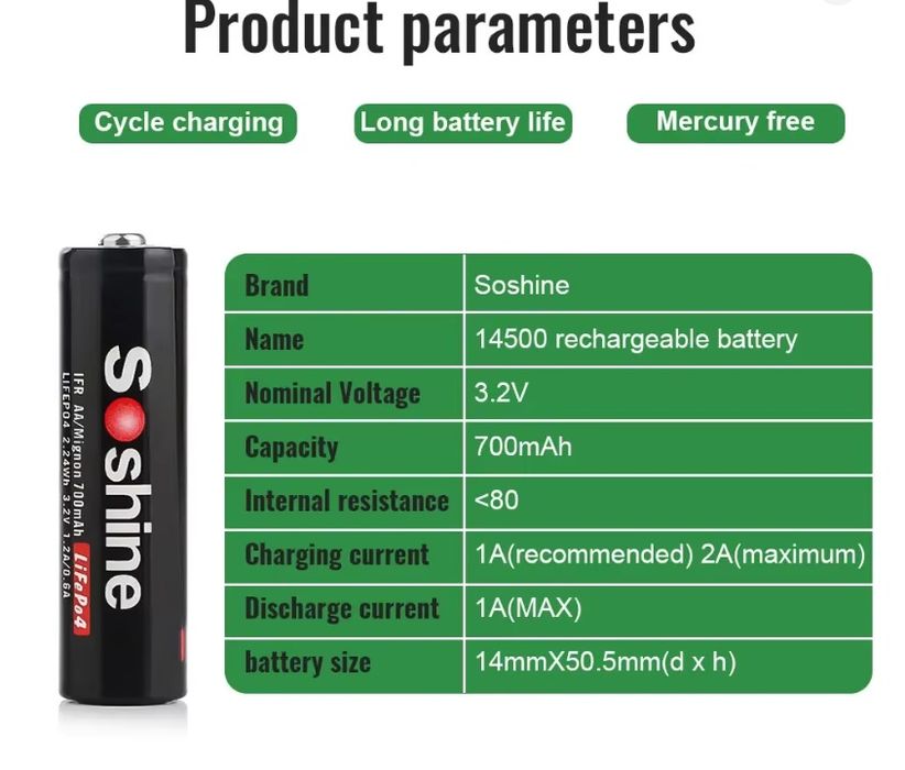 Акумулятор Soshine 14500 LiFePO4 3.2V 700mAh (AA)